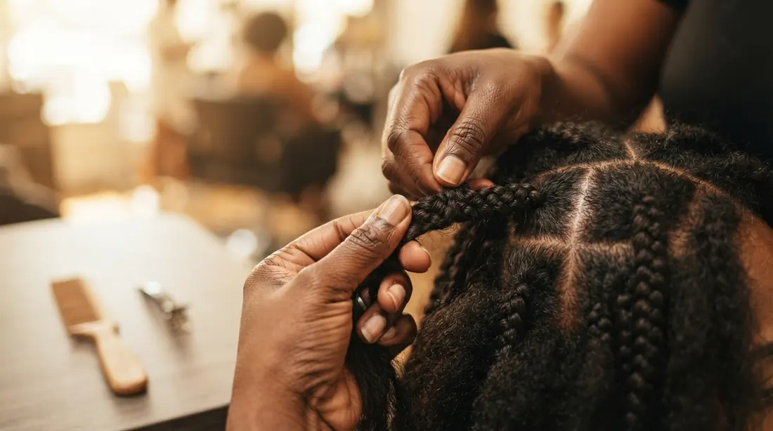 A braider's hands parting and braiding a client's hair into neat box braids