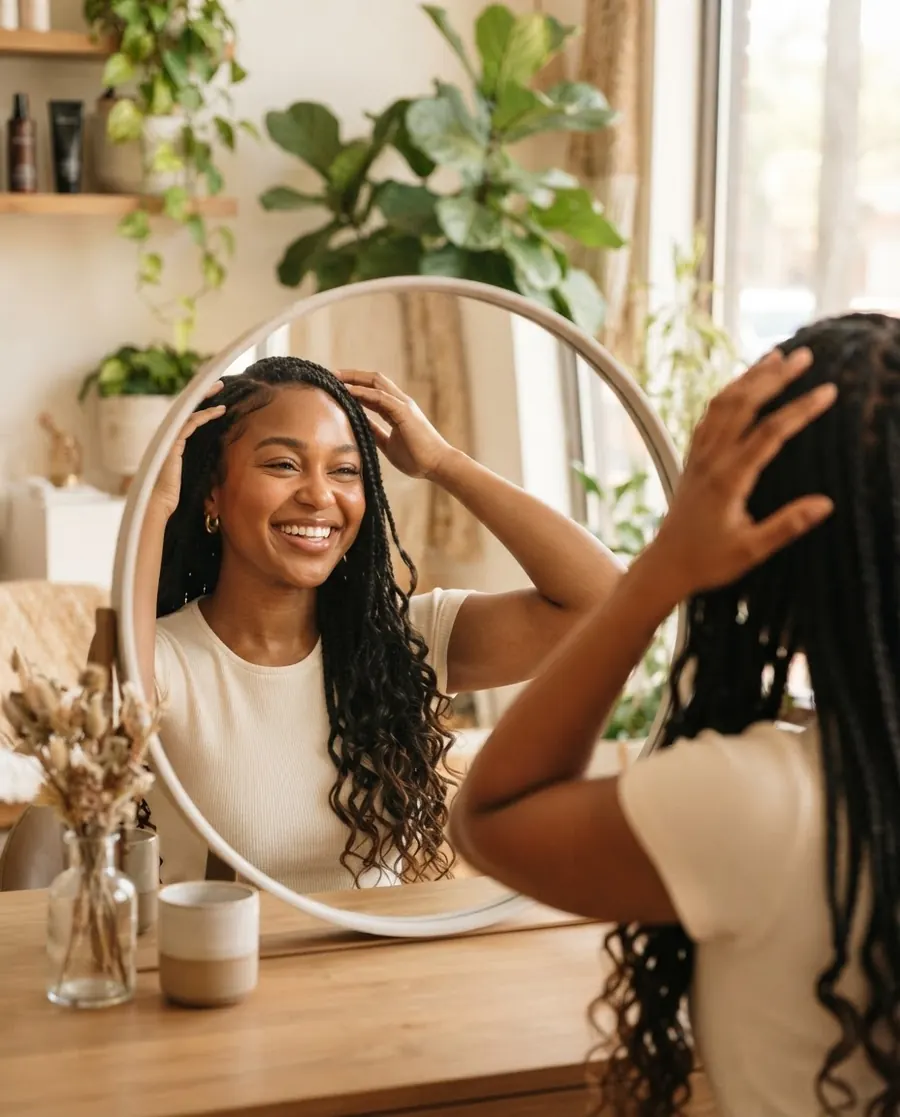 A smiling client admiring her finished braids in a round mirror